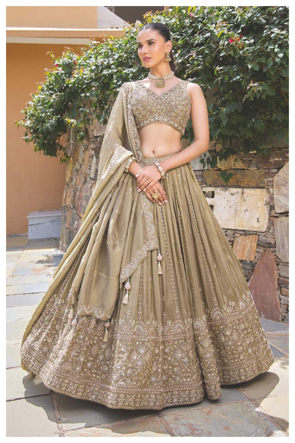 Olive Green Embroidered Silk Lehenga Set with Heavy Blouse and Dupatta