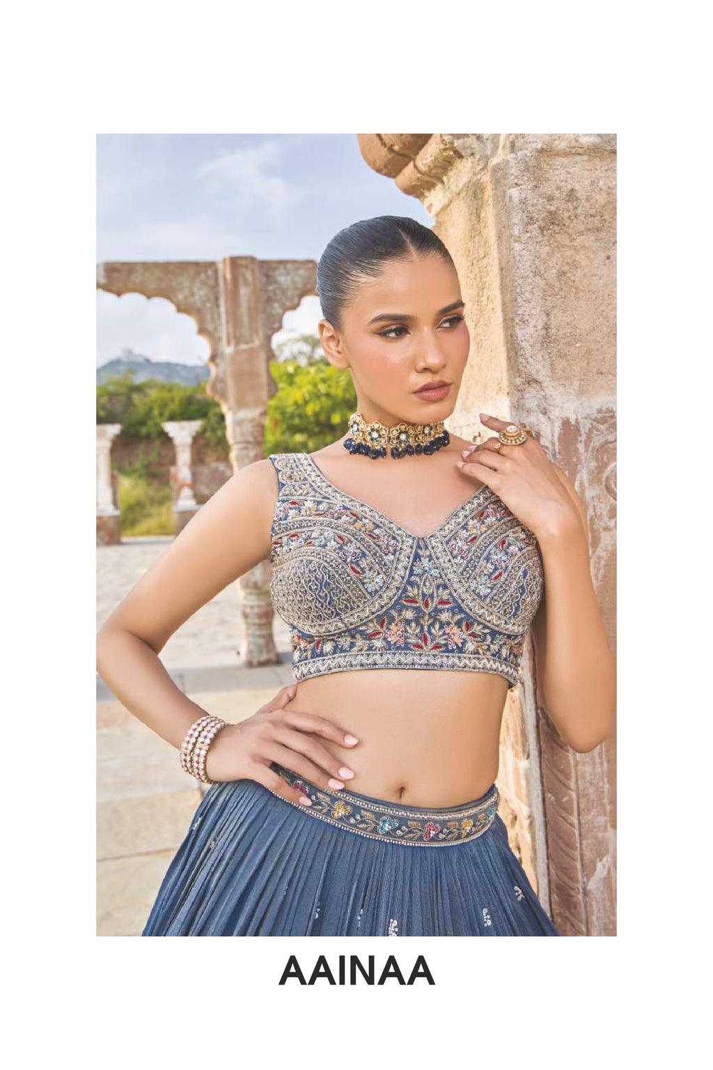Navy Blue Embroidered Silk Lehenga Set with Heavy Blouse and Dupatta
