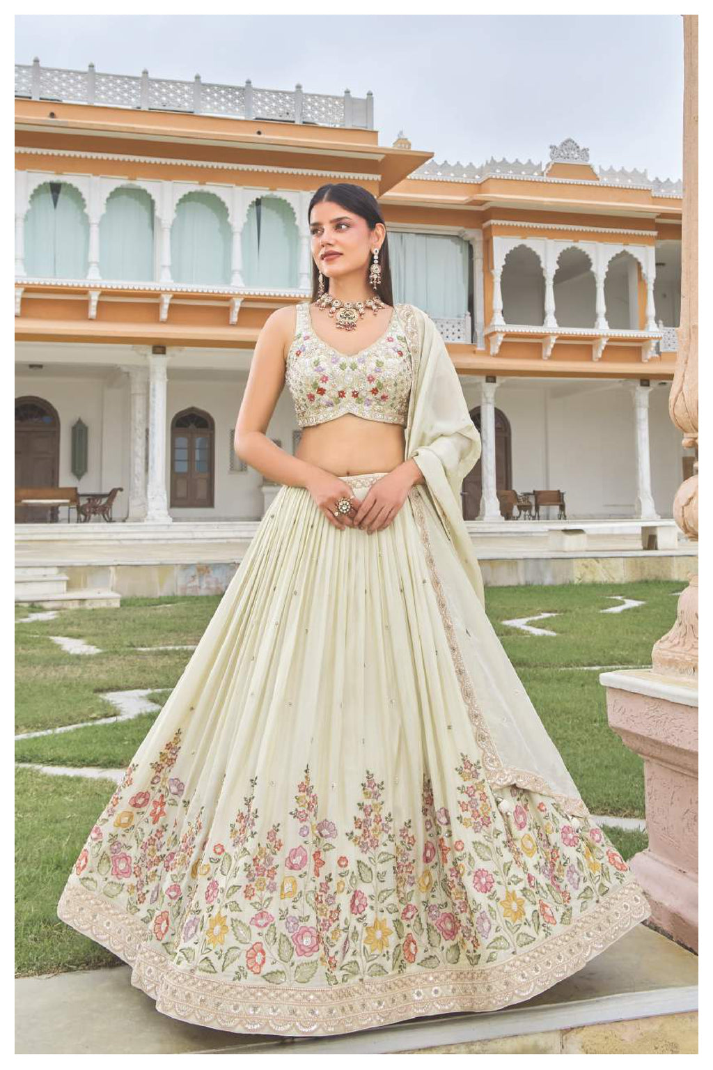 Ivory/Off-White Floral Embroidered Georgette Lehenga Choli Set