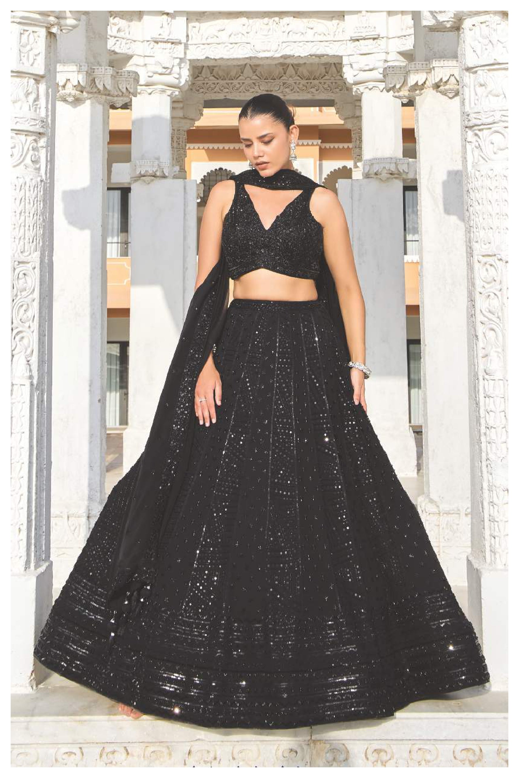 Elegant Black Sequins Embroidered Lehenga Choli with Dupatta