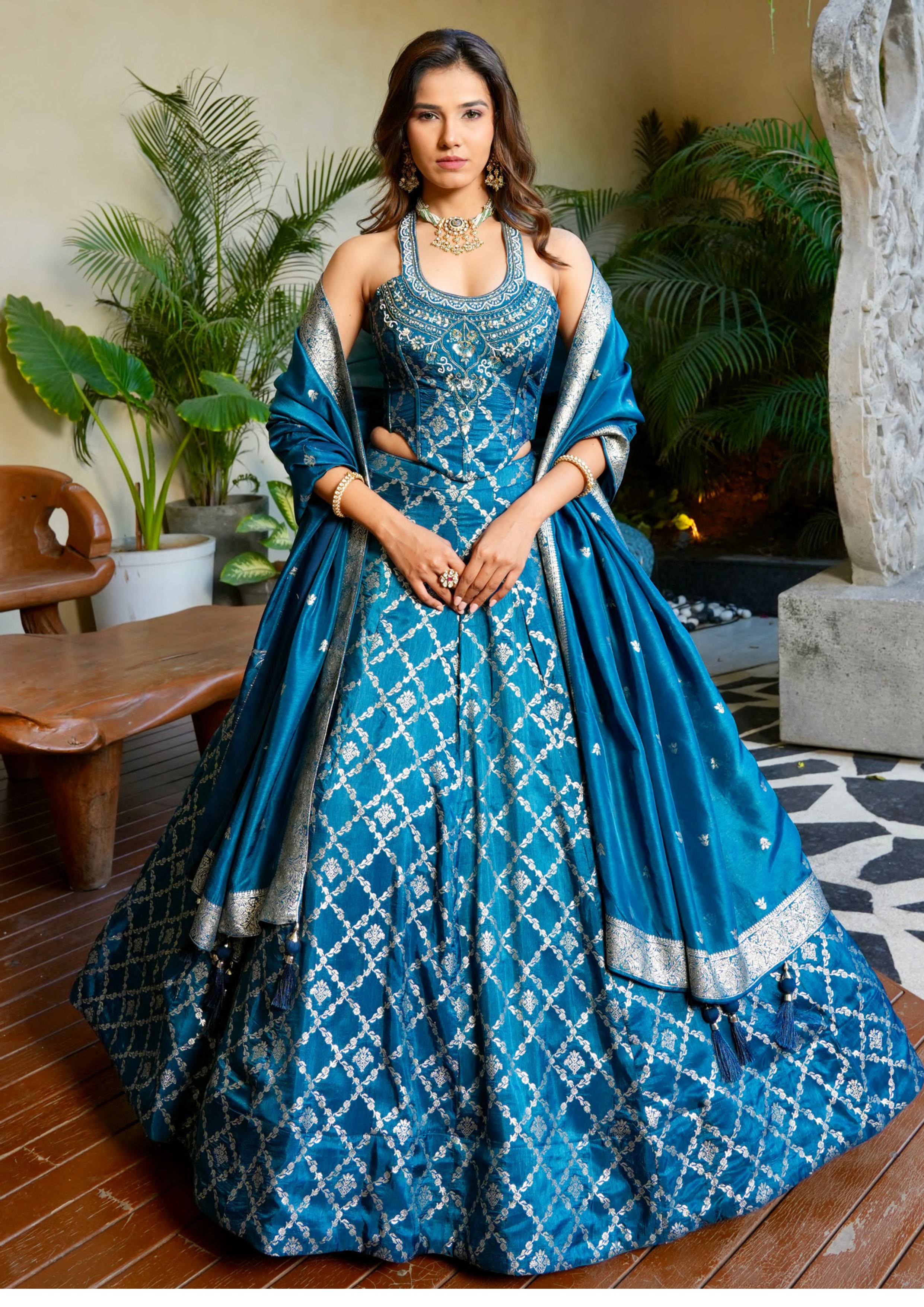 Teal Blue Designer Chaniya Choli with Silver Handwork & Dupatta