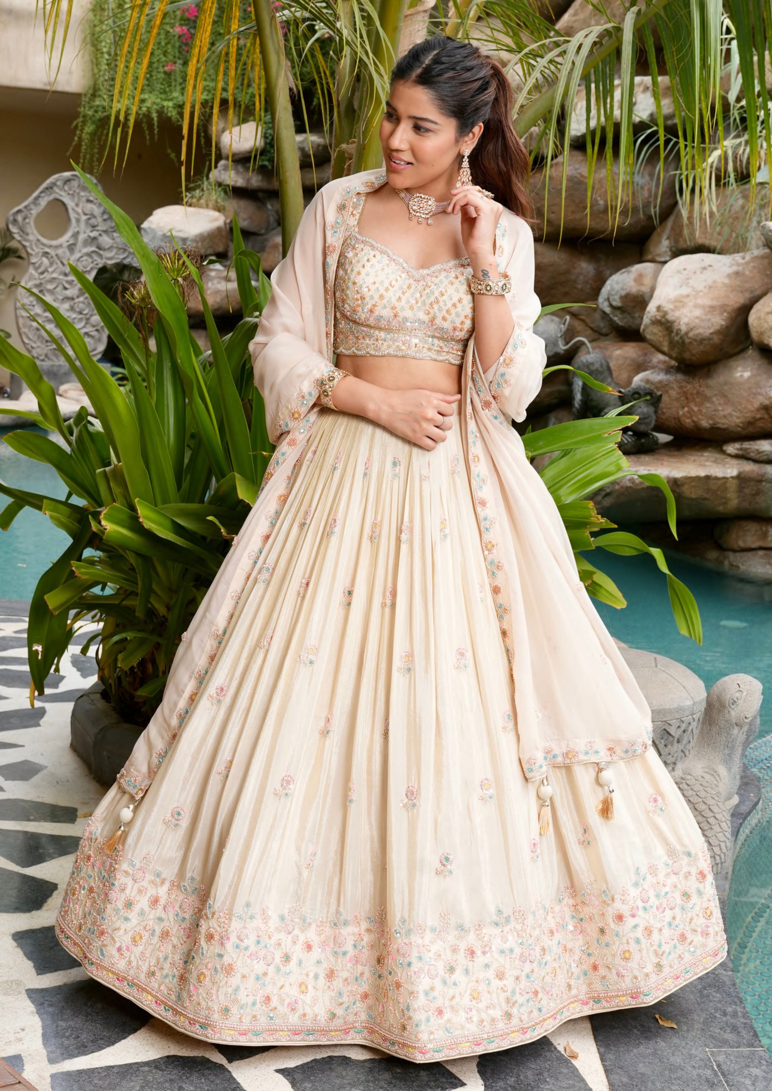Cream Designer Chaniya Choli with Pastel Embroidery & Dupatta