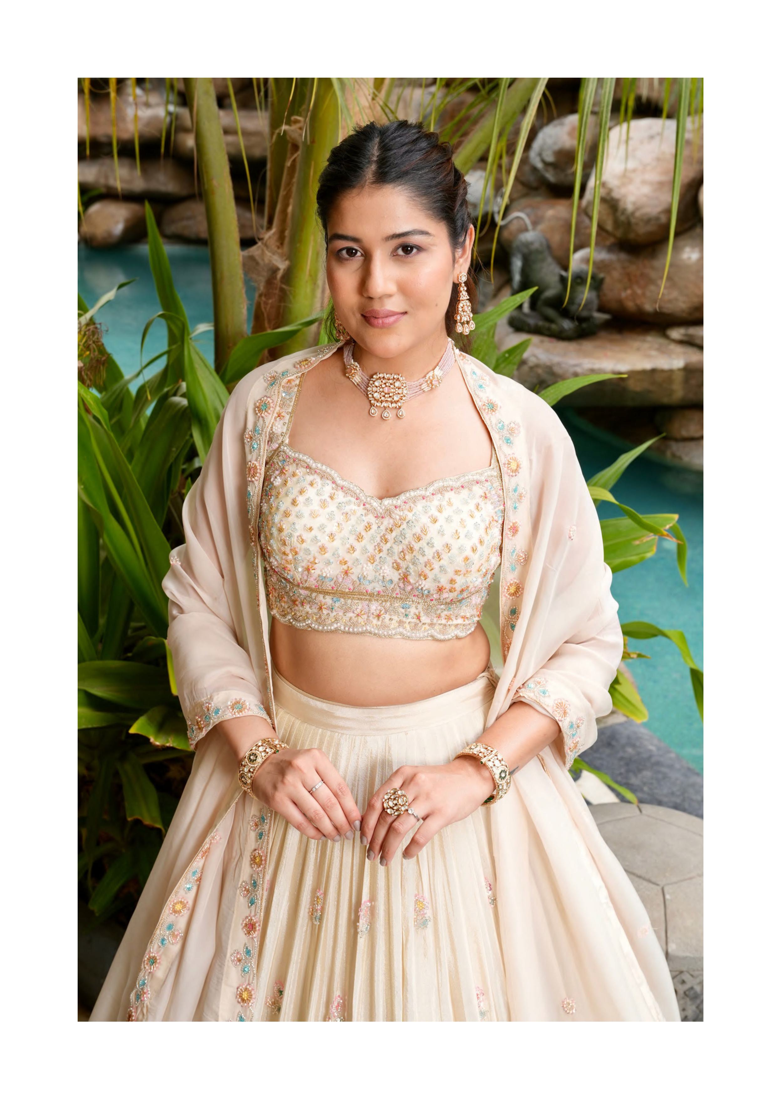 Cream Designer Chaniya Choli with Pastel Embroidery & Dupatta