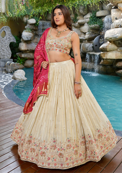 Beige Designer Chaniya Choli with Elephant Embroidery & Red Dupatta