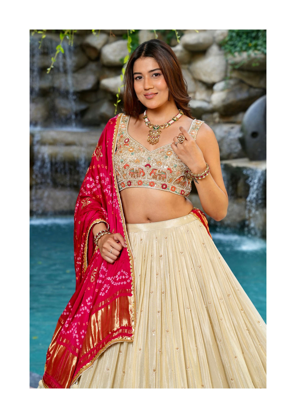 Beige Designer Chaniya Choli with Elephant Embroidery & Red Dupatta