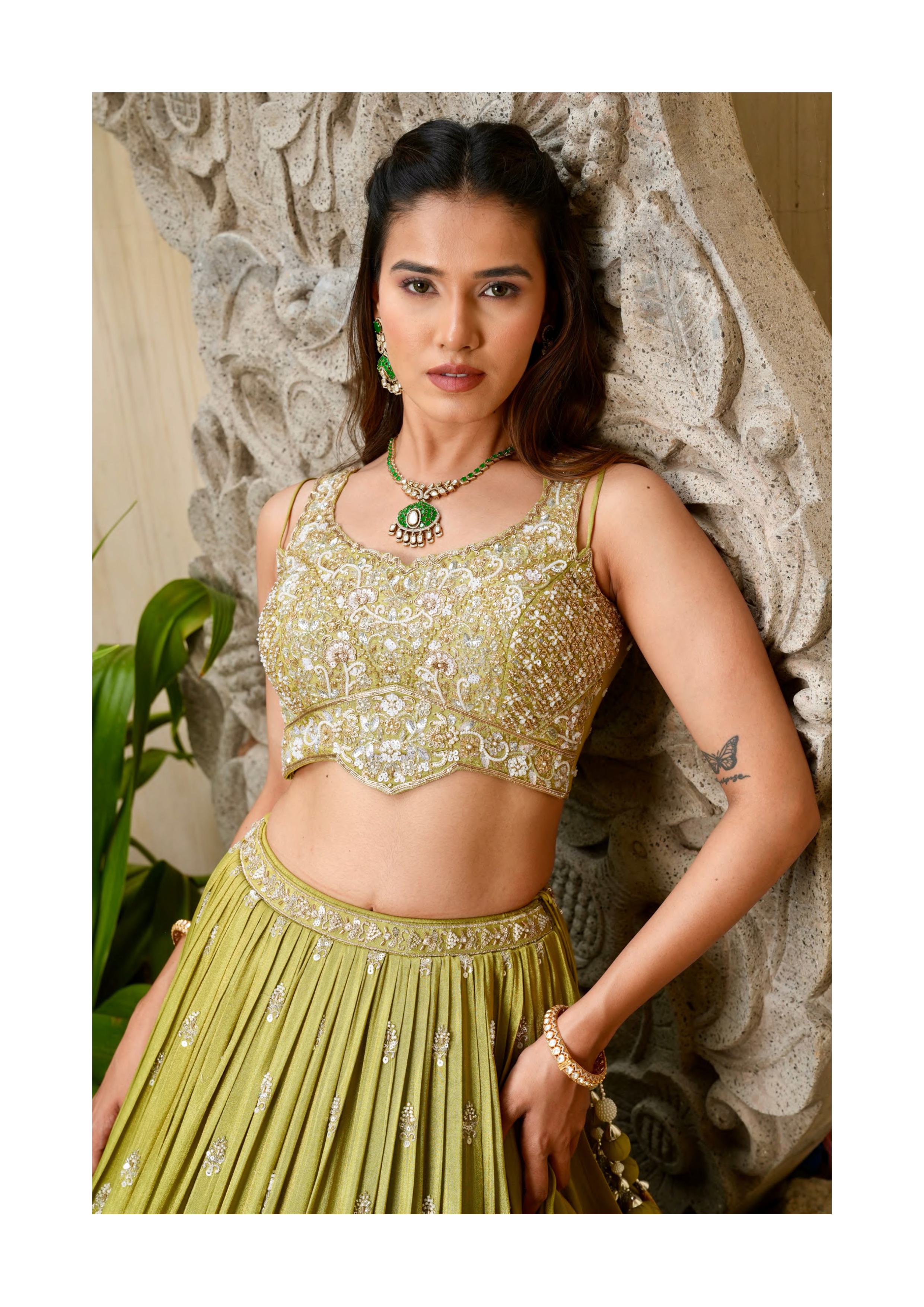 Olive Green Designer Chaniya Choli with Heavy Embroidery & Dupatta