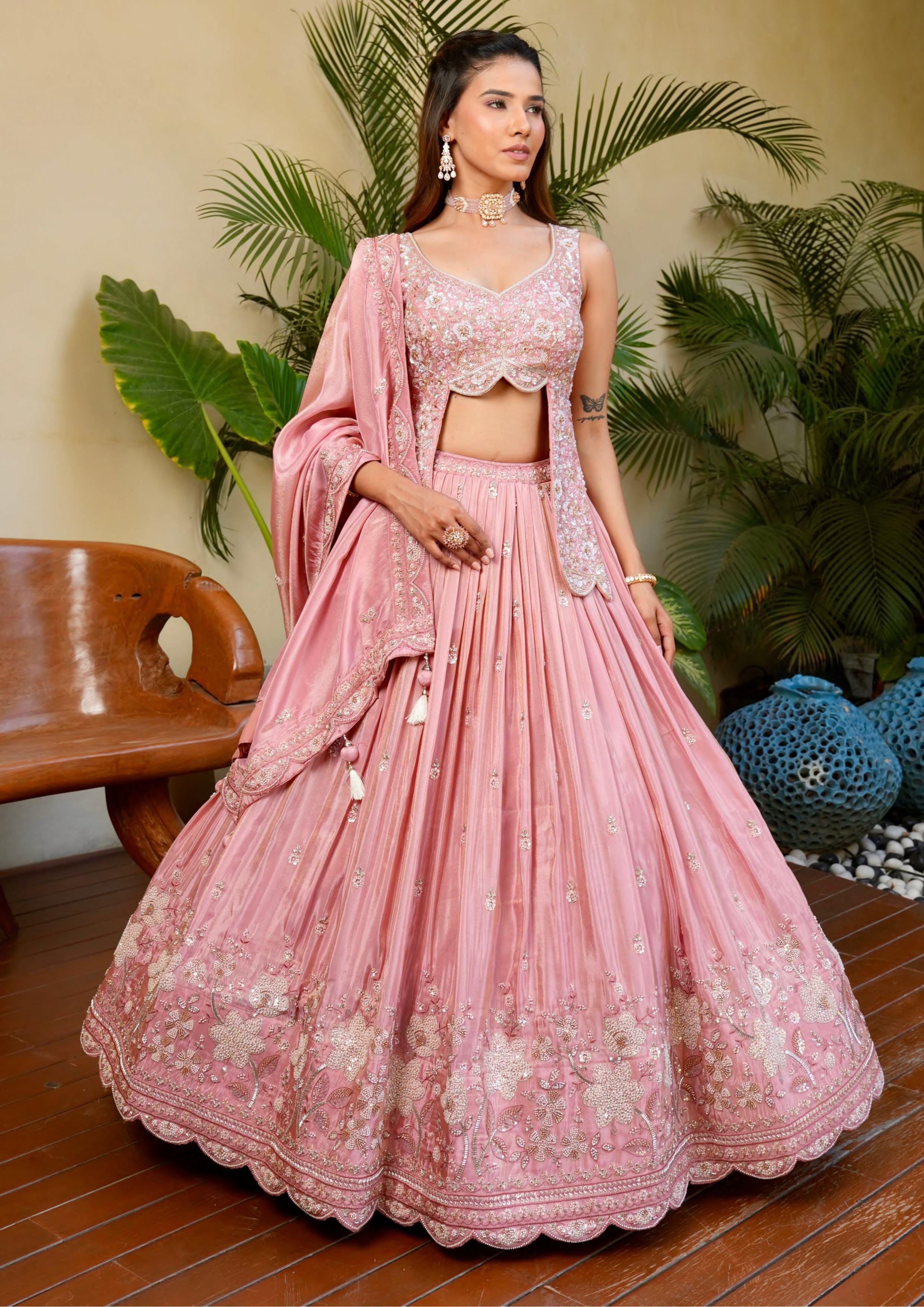 Rose Pink Designer Chaniya Choli with Heavy Embroidery & Dupatta