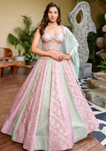 Pastel pink and mint designer Chaniya Choli with woven work and dupatta