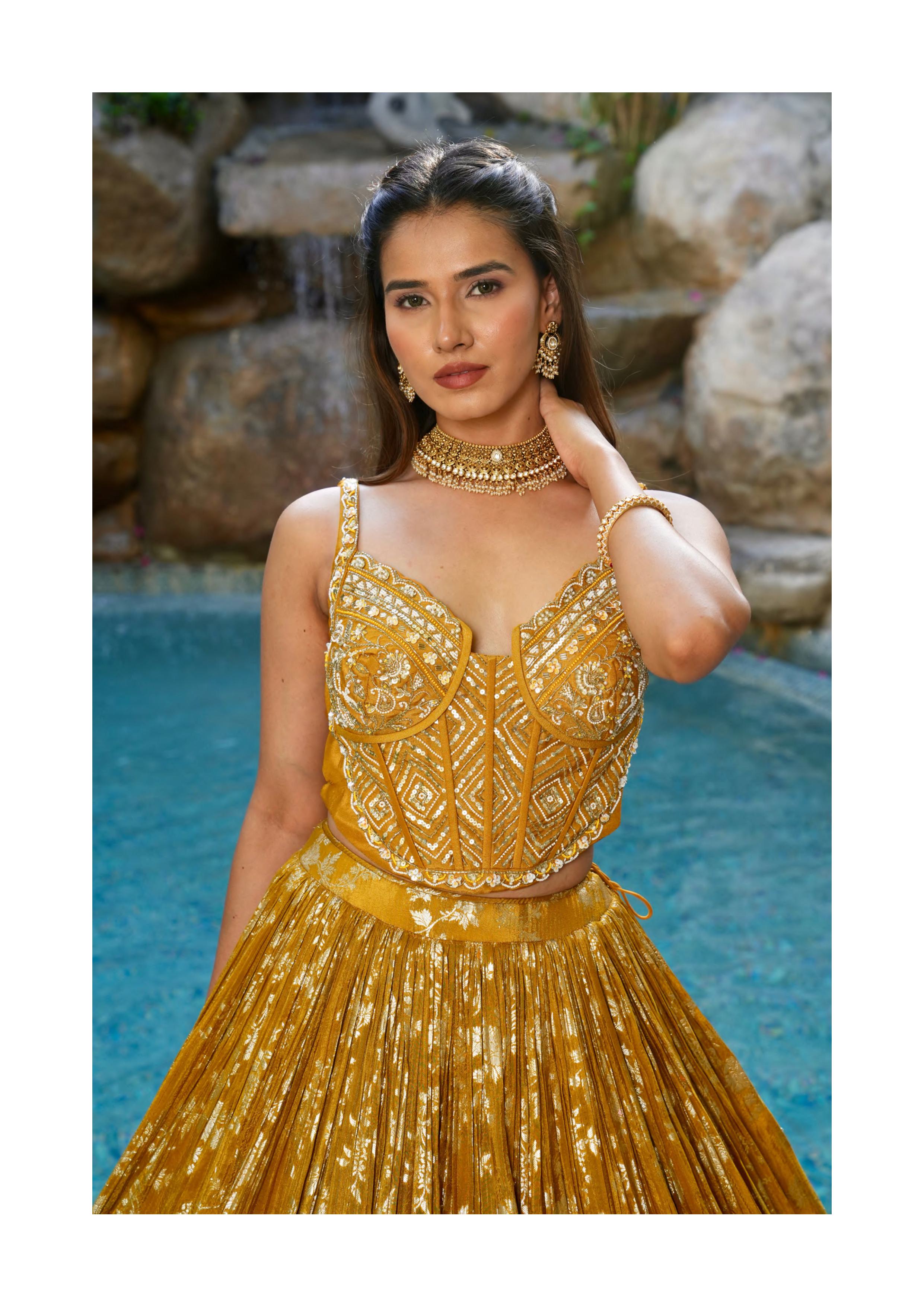 Mustard Yellow Designer Chaniya Choli with Gold Weaving & Dupatta