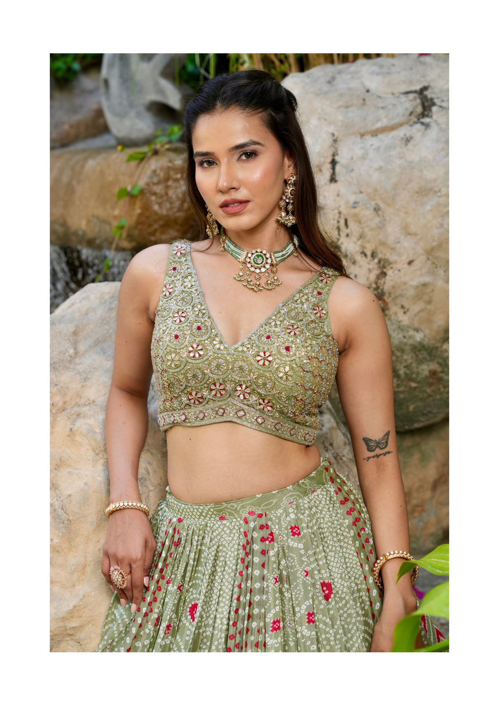 Pista Green Printed Chaniya Choli with Heavy Embroidered Blouse