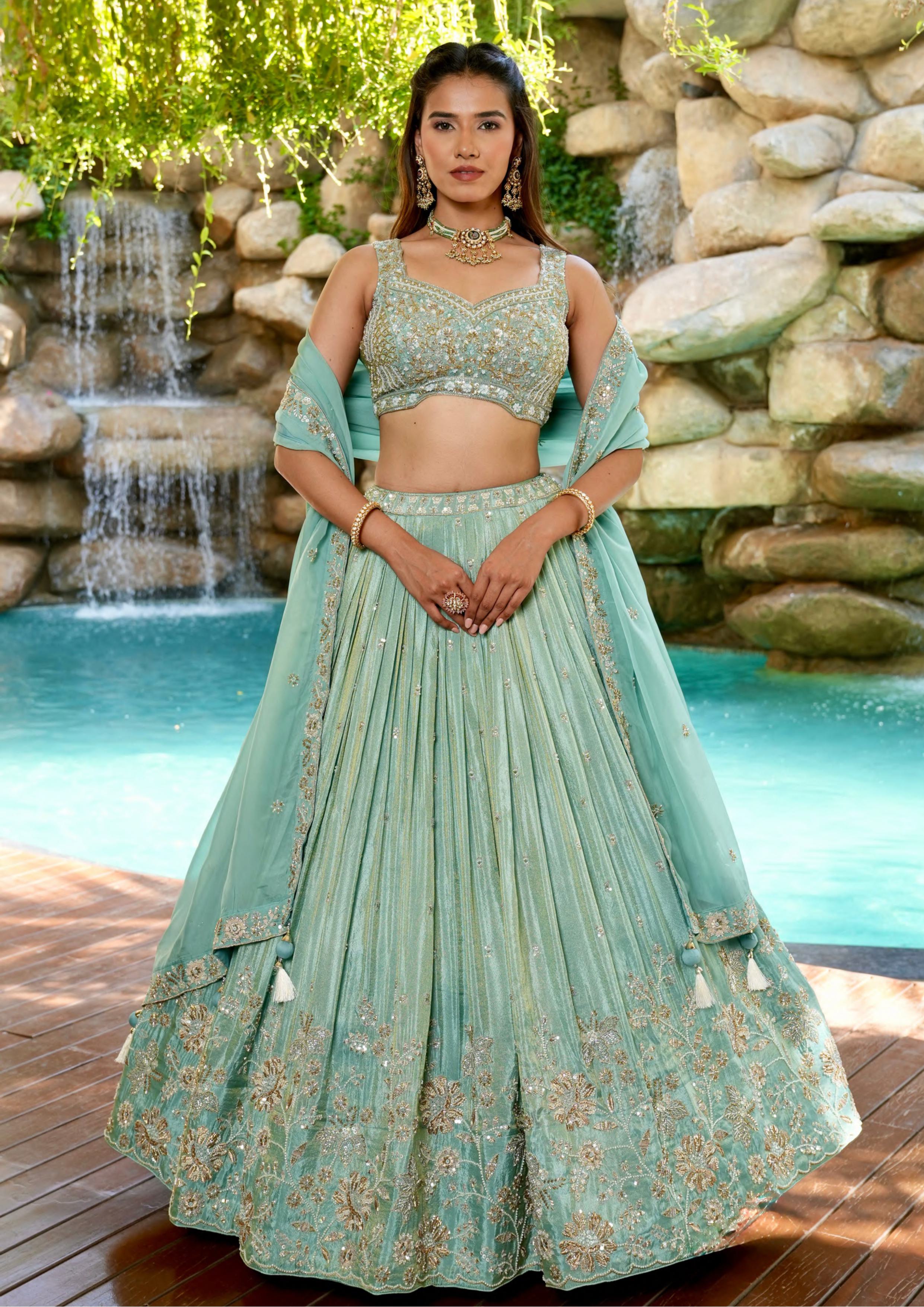 Sea Green Designer Chaniya Choli with Heavy Embroidery & Dupatta