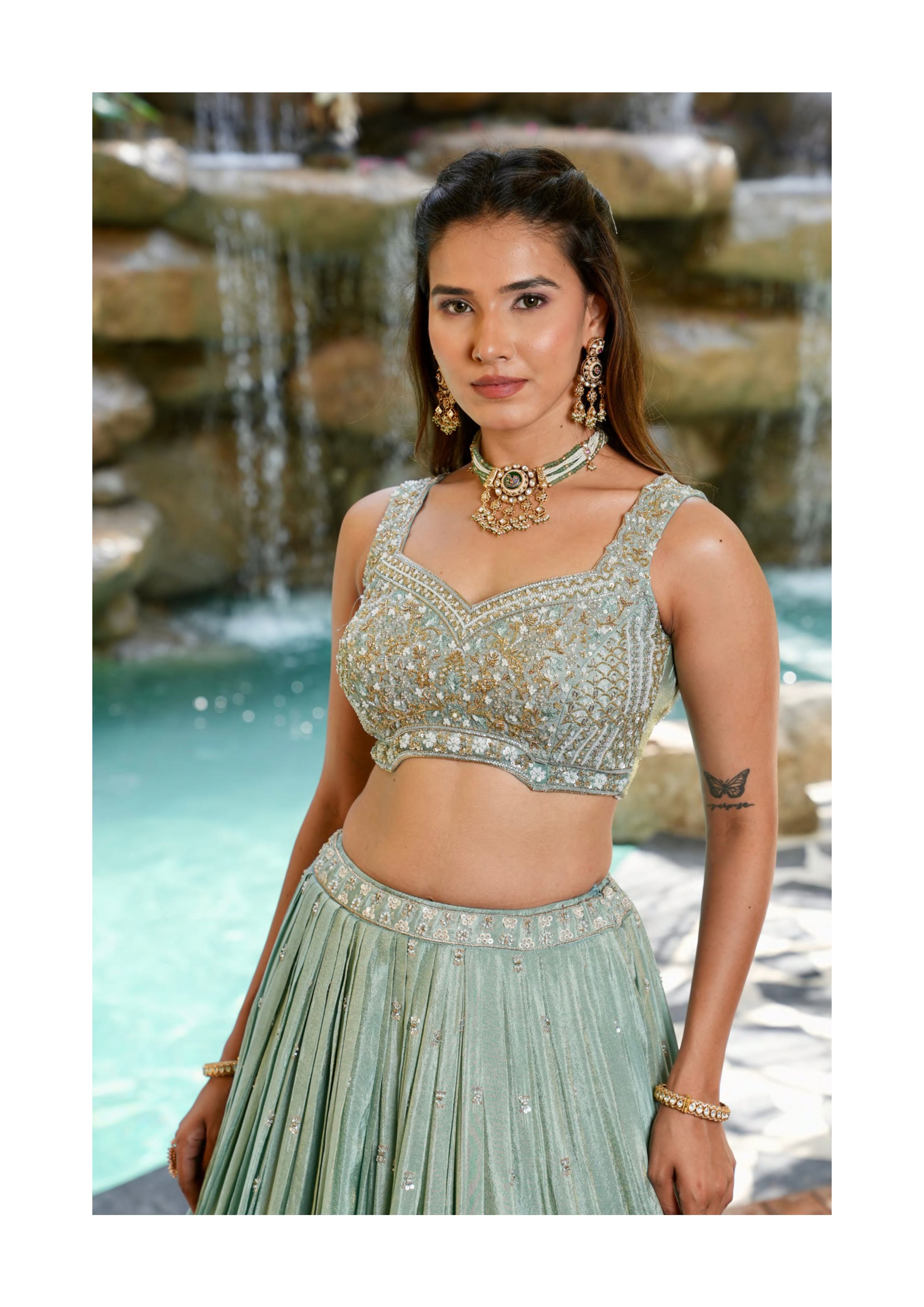 Sea Green Designer Chaniya Choli with Heavy Embroidery & Dupatta
