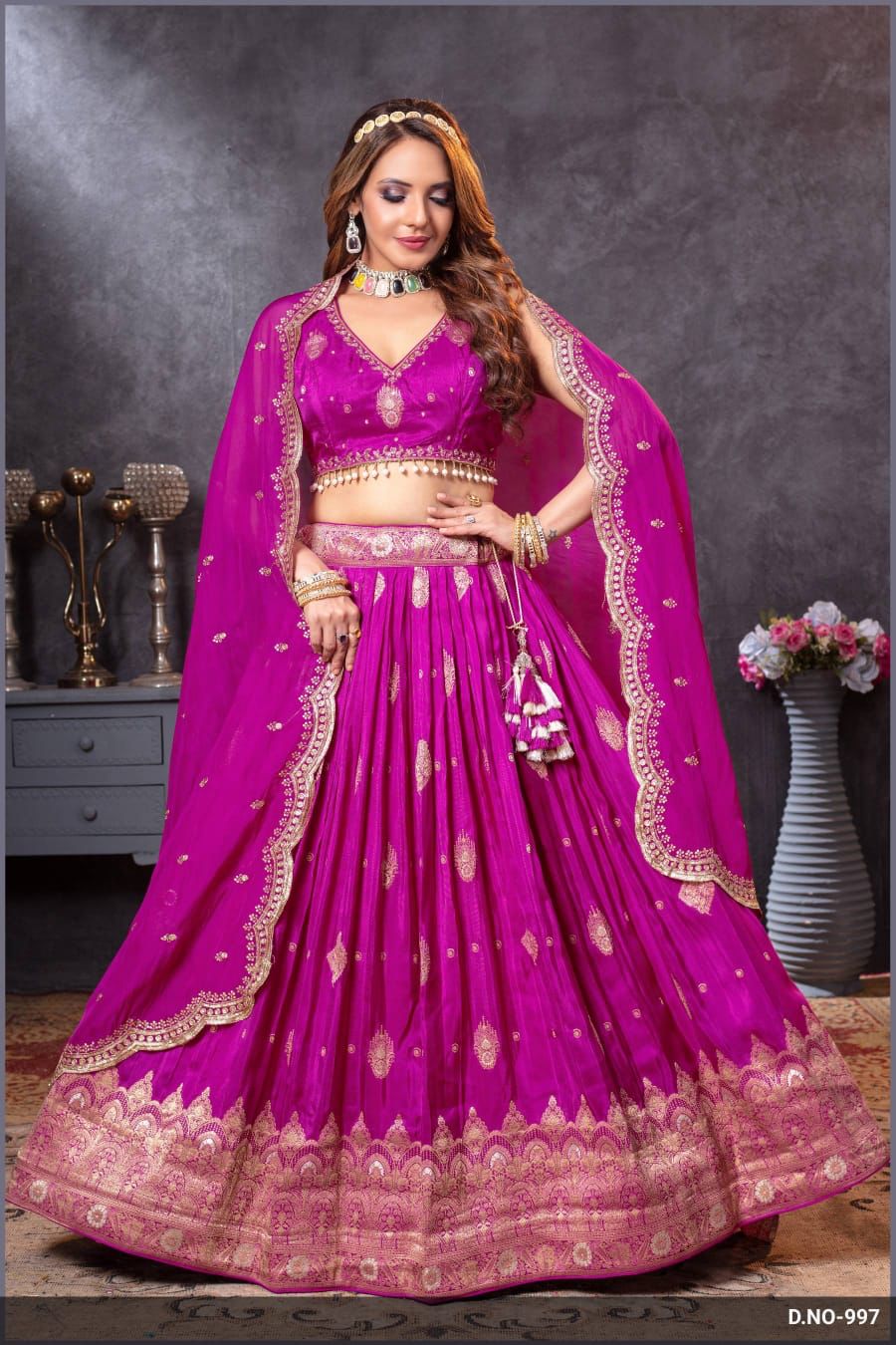 magenta silk bridal style chaniya choli