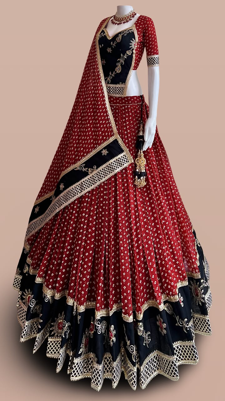 Red and black designer Bandhani Chaniya Choli with embroidered dupatta for Navratri 2026