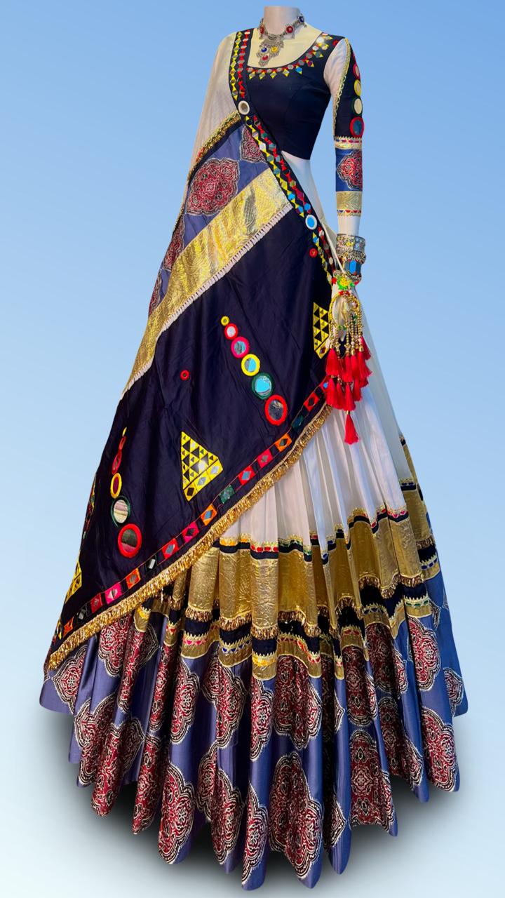 Navy blue designer printed Chaniya Choli with mirror work and dupatta for Navratri 2026