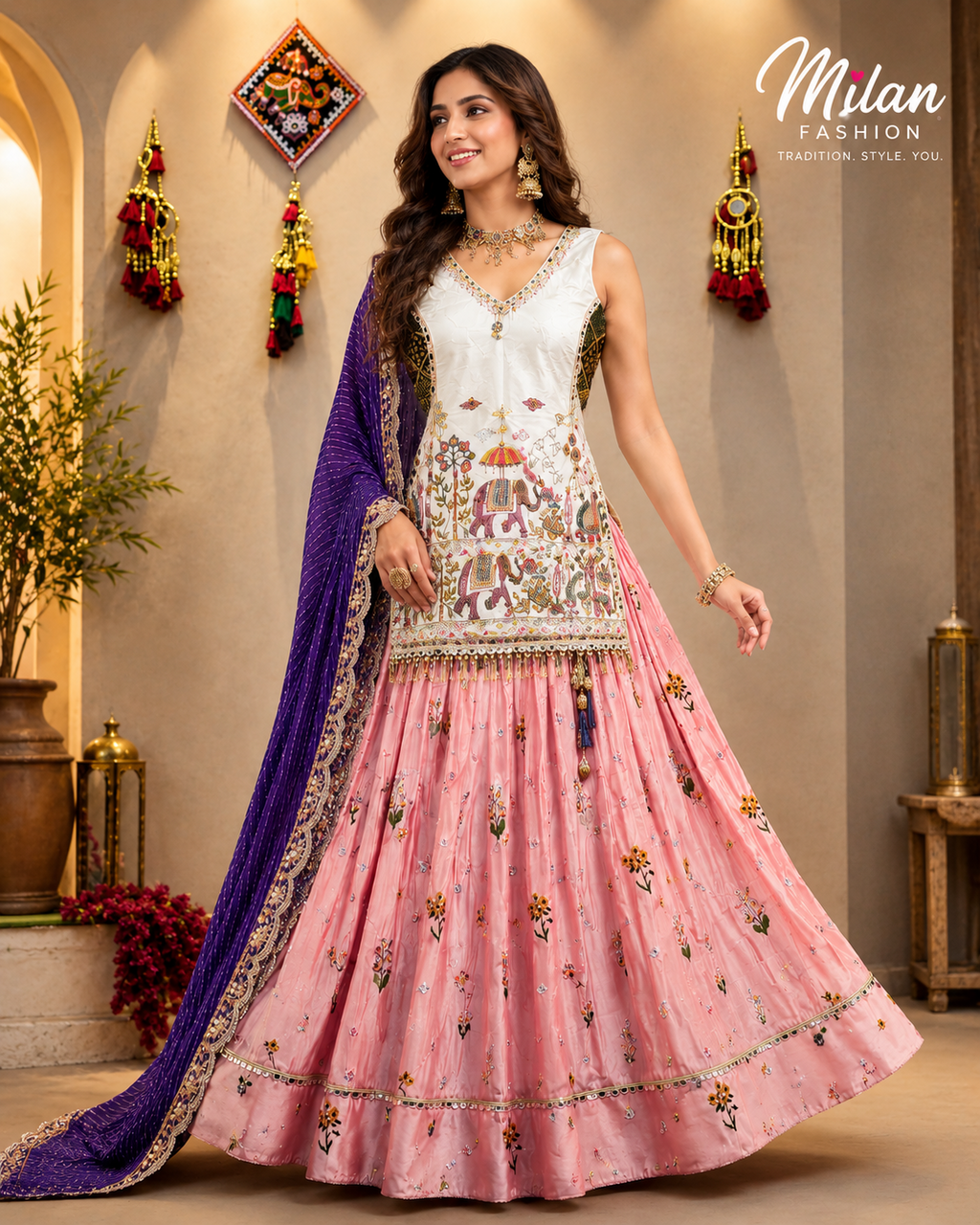 Pink and white embroidered chaniya choli on model