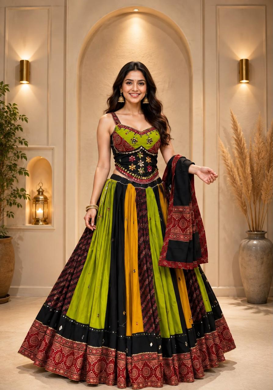 Multicolor Bandhani-style Chaniya Choli in black red and mustard for Navratri
