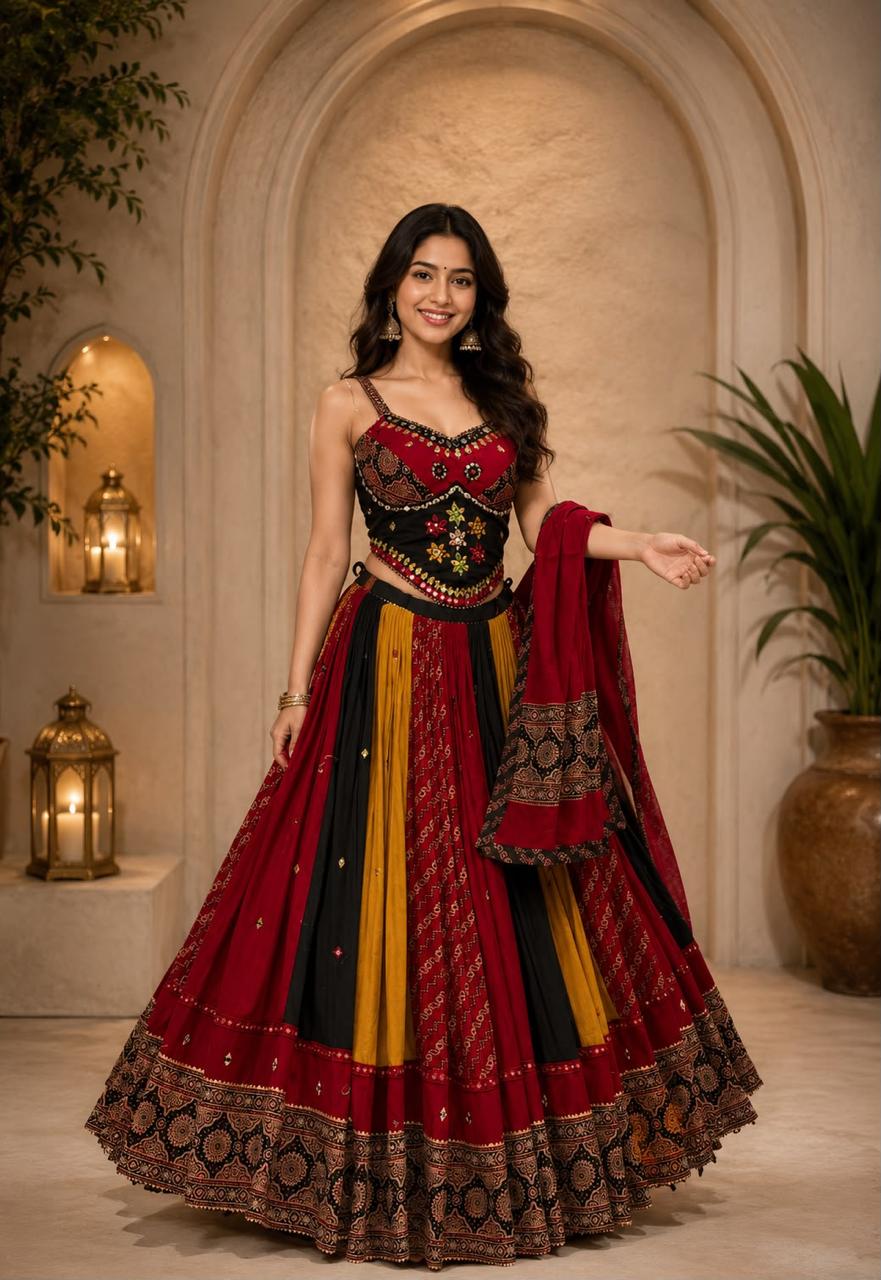 Multicolor Bandhani-style Chaniya Choli in red black and mustard for Navratri