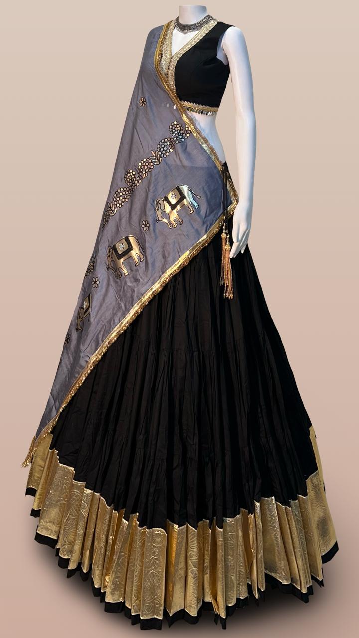 Designer black and grey Chaniya Choli with elephant motif dupatta