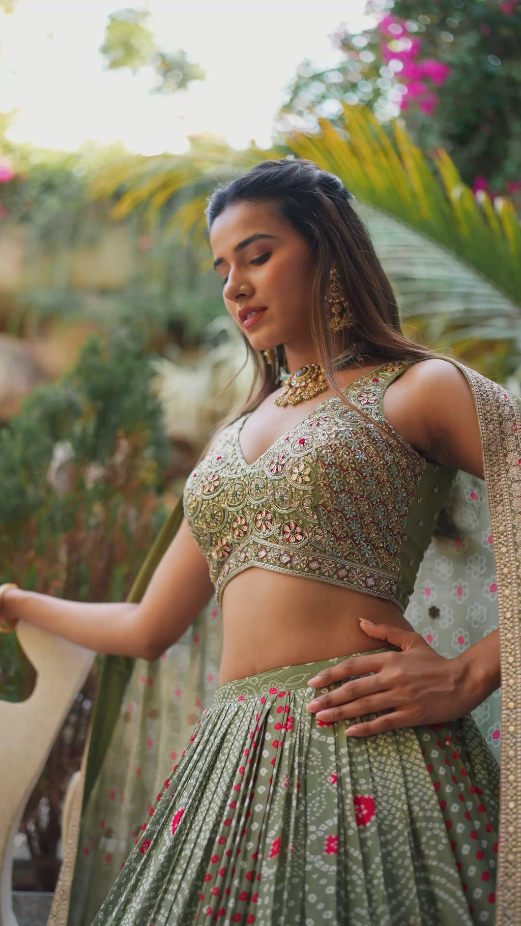 Pista Green Printed Chaniya Choli with Heavy Embroidered Blouse