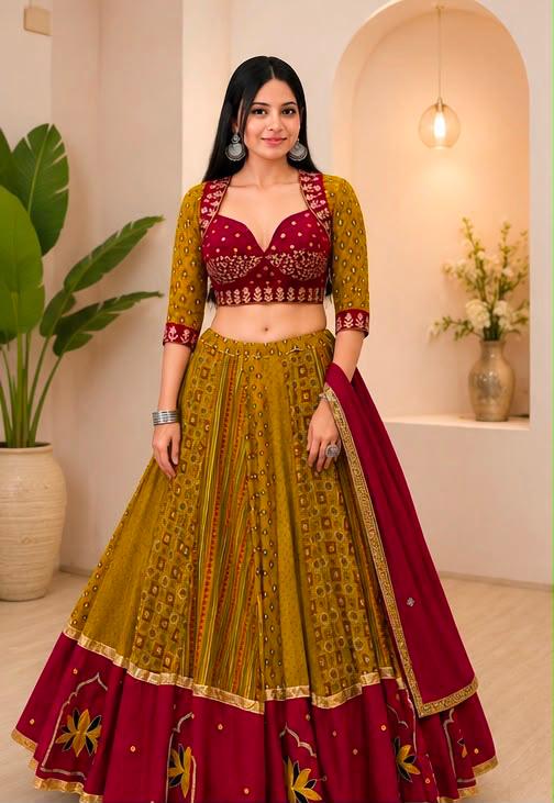 Mustard printed Chaniya Choli with maroon blouse and dupatta for Navratri