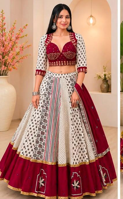 White printed Chaniya Choli with maroon blouse and dupatta for Navratri